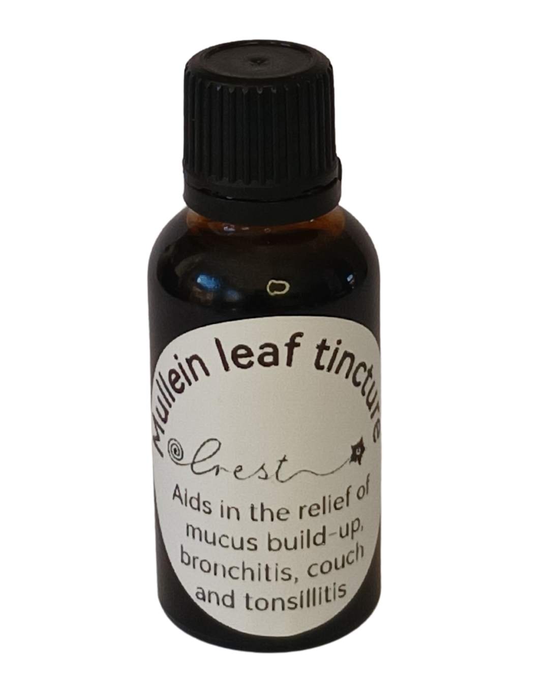 Crest Mullein Leaf Extract handcrafted botanical tincture made from Verbascum thapsus leaves in an amber glass dropper bottle for traditional herbal wellness.