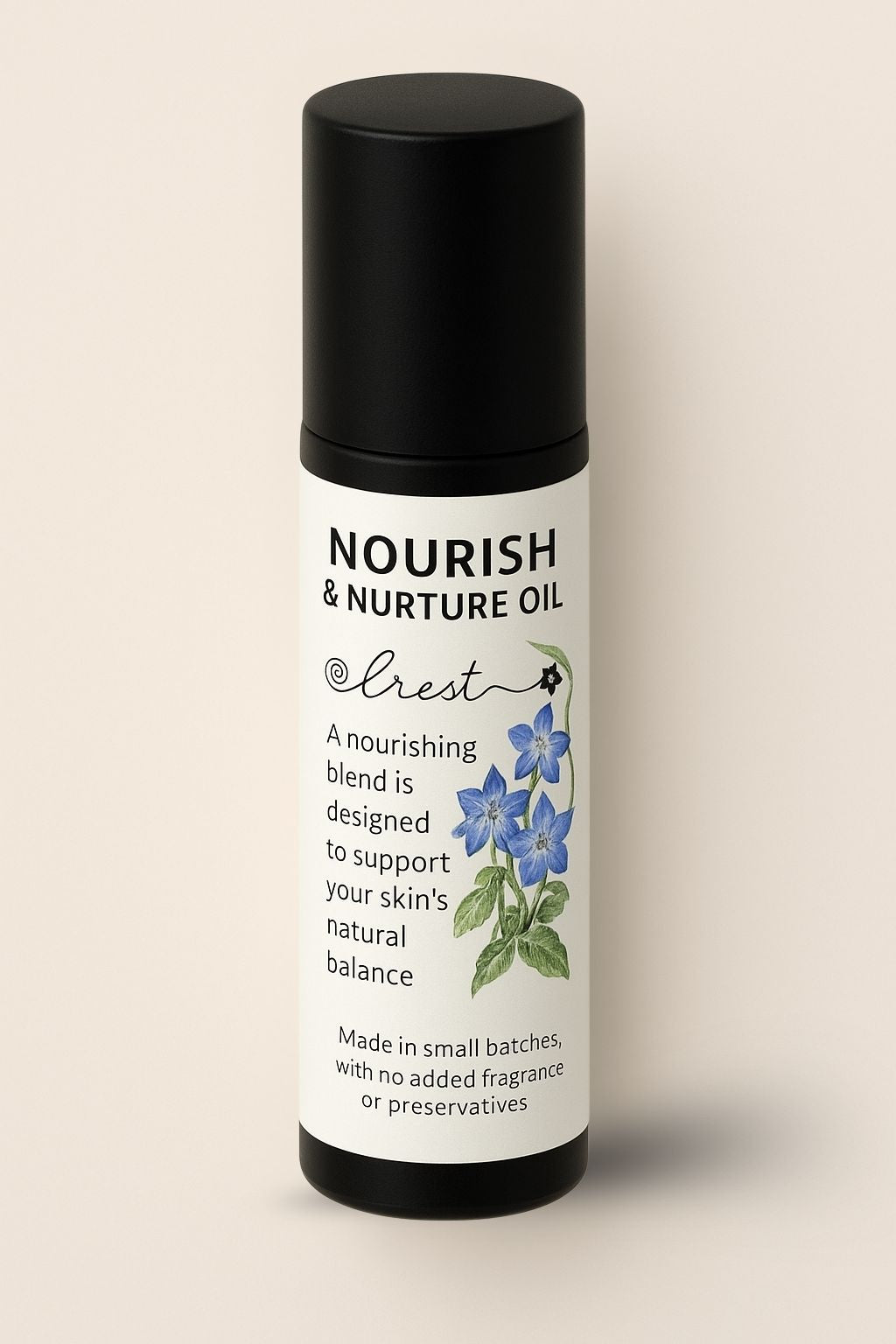 Crest Nourish & Nurture Oil in rollerball applicator – a natural facial oil blend with almond and castor oil, enriched with organic essential oils to support skin’s balance and hydration.