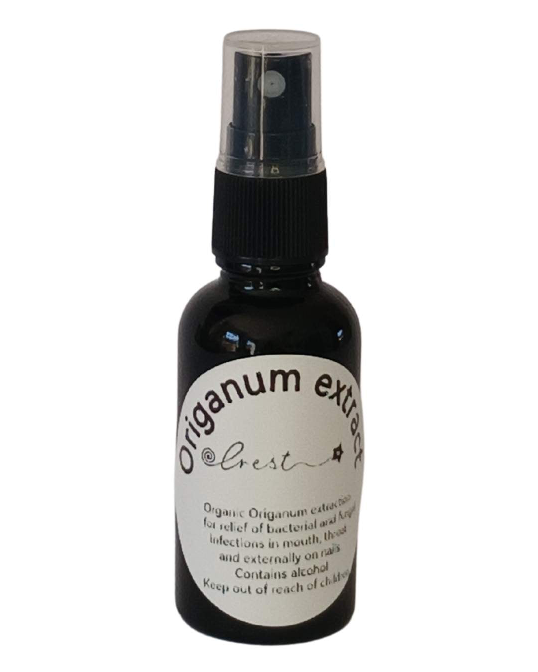 Herbal Origanum Extract by Crest in a 30ml black glass spritz bottle, traditionally used for oral and topical antibacterial and antifungal care, made with oregano plant extract 