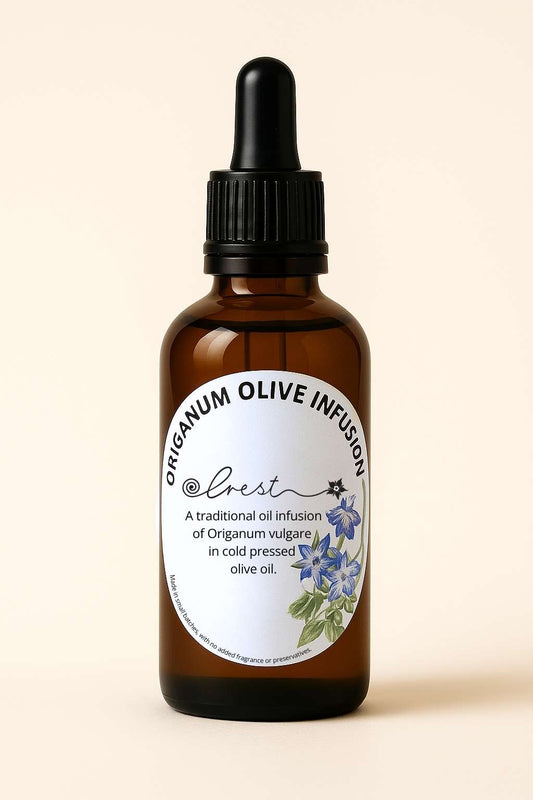 Crest Origanum Olive Infusion in 30ml amber glass dropper bottle – traditional oil infusion of Origanum vulgare in cold-pressed olive oil, handcrafted in small batches with no added fragrance or preservatives