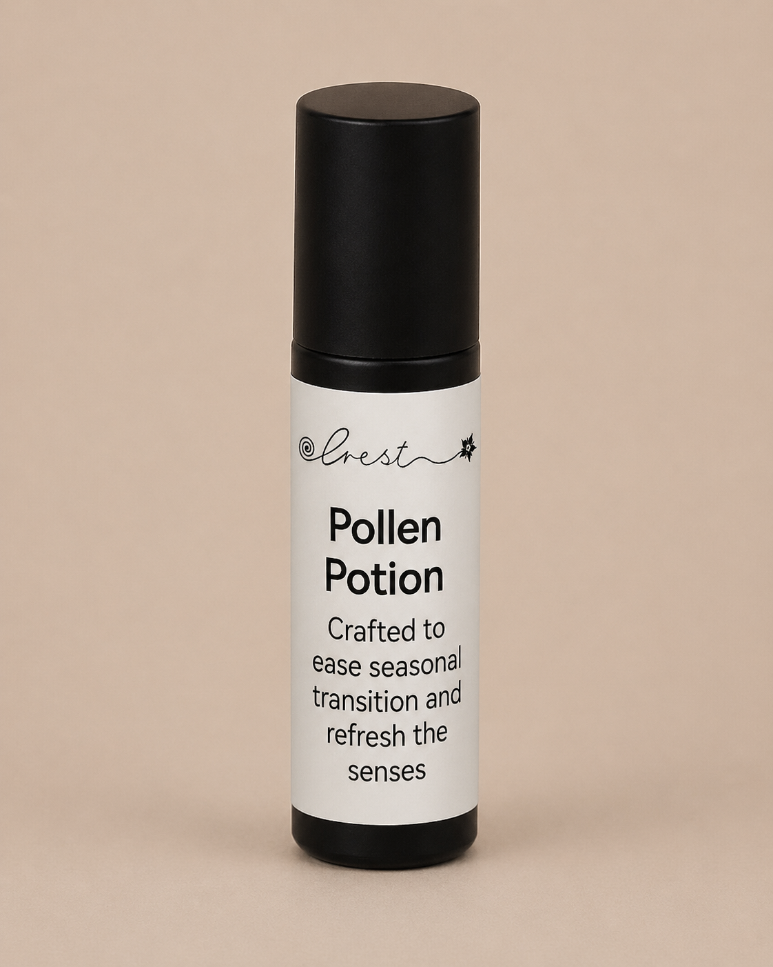 Black stainless steel roll-on applicator with Pollen Potion essential oil blend for seasonal support and refreshing the senses