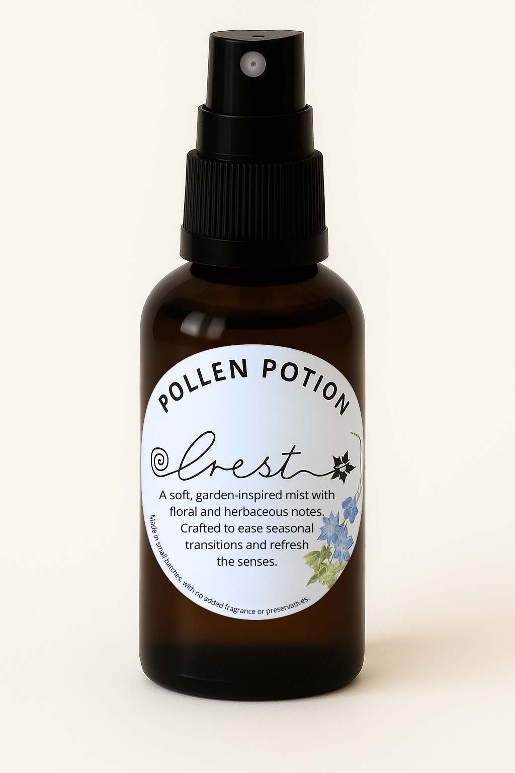 Amber glass spray bottle of Crest Pollen Potion Spritz with floral label – herbal mist to ease seasonal discomfort and support clear breathing.