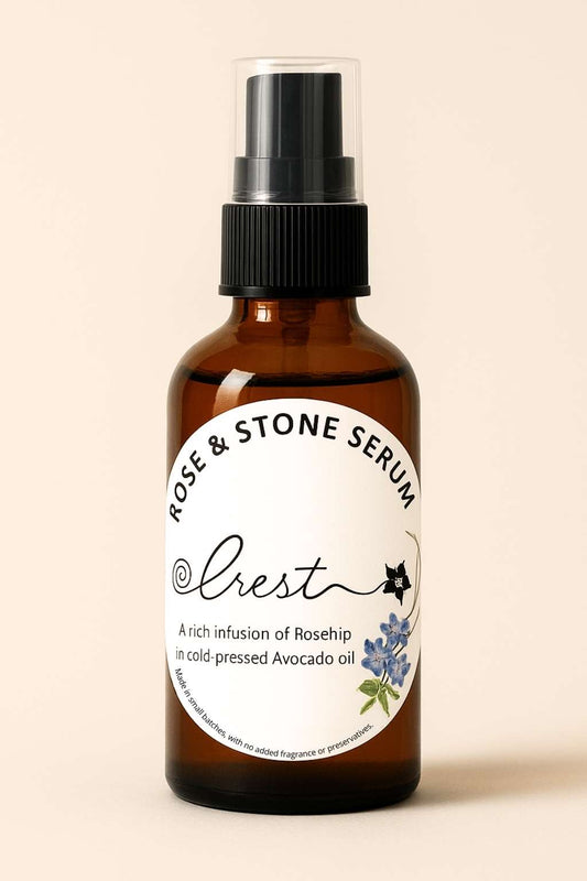 Crest Rose & Stone Serum – nourishing facial oil with Rosehip infused in cold-pressed avocado oil, handcrafted natural skincare for radiant skin.