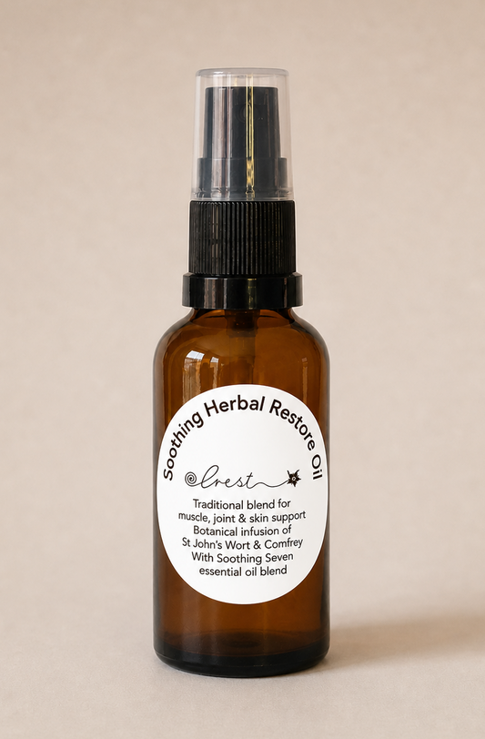 Amber glass spray bottle of Soothing Herbal Restore Oil with white label, botanical blend with St John’s Wort and Comfrey for muscle and skin support by Crest