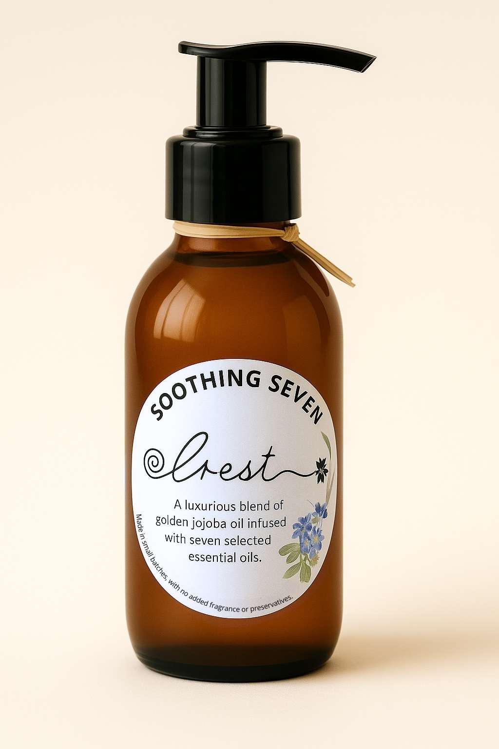 Crest Soothing Seven Oil in amber glass pump bottle — a luxurious jojoba oil blend infused with seven essential oils for natural skin nourishment and relaxation.