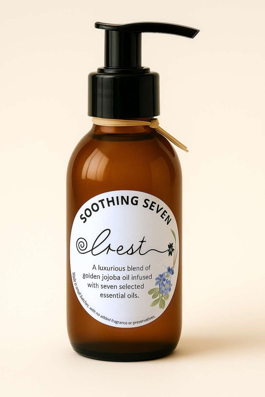 Crest Soothing Seven Oil in amber glass pump bottle — a luxurious jojoba oil blend infused with seven essential oils for natural skin nourishment and relaxation.