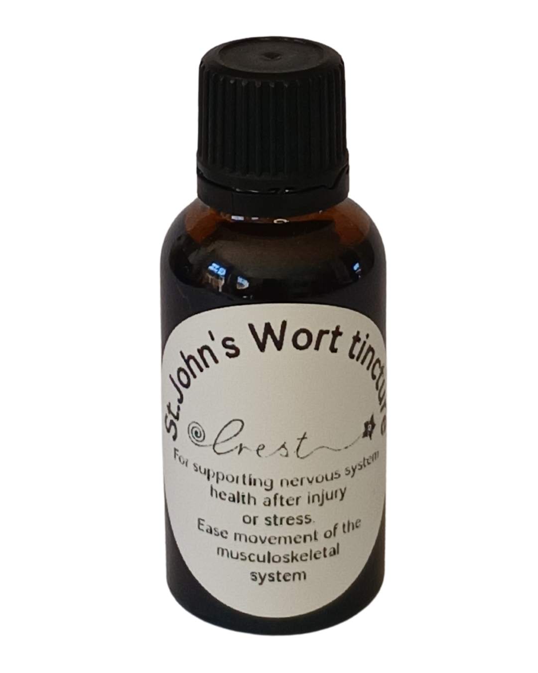 Crest St John's Wort Extract handcrafted botanical tincture made from Hypericum perforatum flowering tops in an amber glass dropper bottle for traditional herbal wellness.