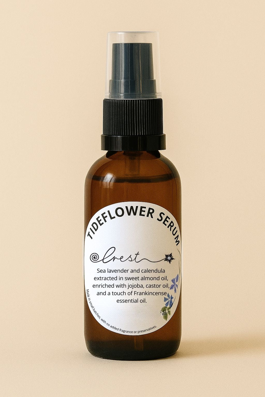 Crest Tideflower Serum in amber glass pump bottle – sea lavender and calendula facial oil enriched with jojoba, castor, and frankincense for radiant skin.