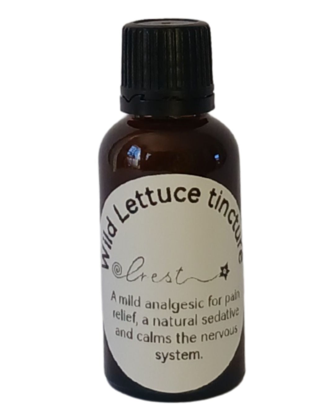 Crest Wild Lettuce Elixir handcrafted botanical tincture made from Lactuca serriola (Wild Lettuce) in an amber glass dropper bottle for traditional herbal wellness.