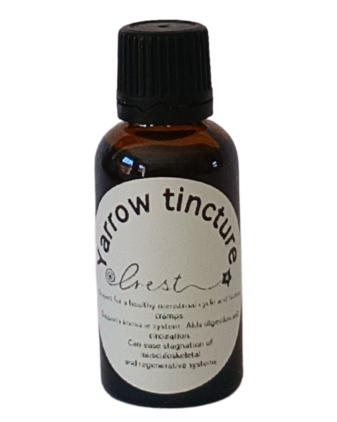 Crest Yarrow Flower Elixir handcrafted botanical tincture made from Achillea millefolium flowers in an amber glass dropper bottle for traditional herbal wellness.