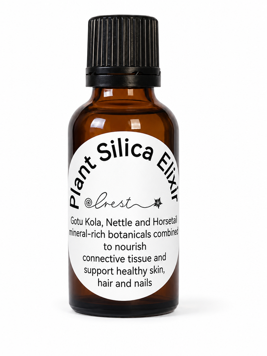 Plant Silica Elixir herbal tincture by Crest in an amber glass bottle with a dropper cap, featuring Gotu Kola, Nettle and Horsetail to support healthy skin, hair, nails and connective tissue.