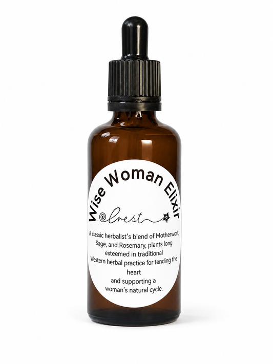 Wise Woman Elixir herbal tincture by Crest in an amber glass dropper bottle, crafted with Motherwort, Sage and Rosemary to support a woman's natural cycle and wellbeing.