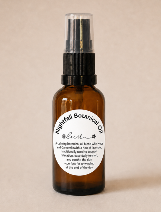 Nightfall Botanical Oil handcrafted with chamomile, hops and lavender in sweet almond oil for evening massage, relaxation and botanical wellness by Crest.